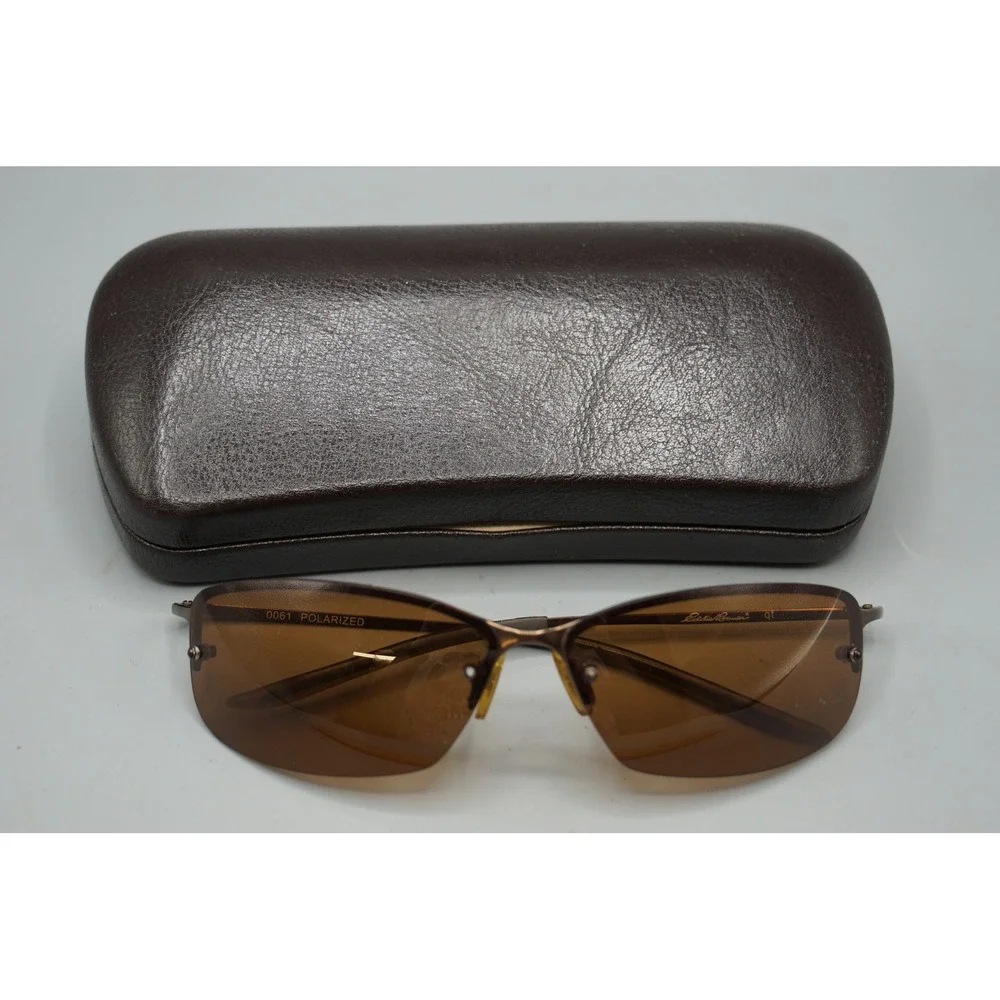 Eddie Bauer 0061 Polarized Sunglasses Brown Rimless Metal Frame with Case Mens